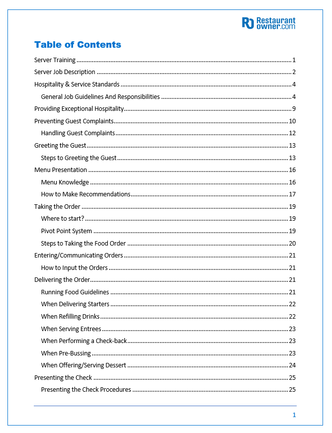 Restaurant Training Manual Templates &mdash&##x3b; Tableservice Restaurant