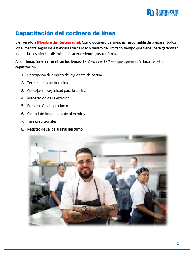 Restaurant Training Manual Templates &mdash&##x3b; Spanish