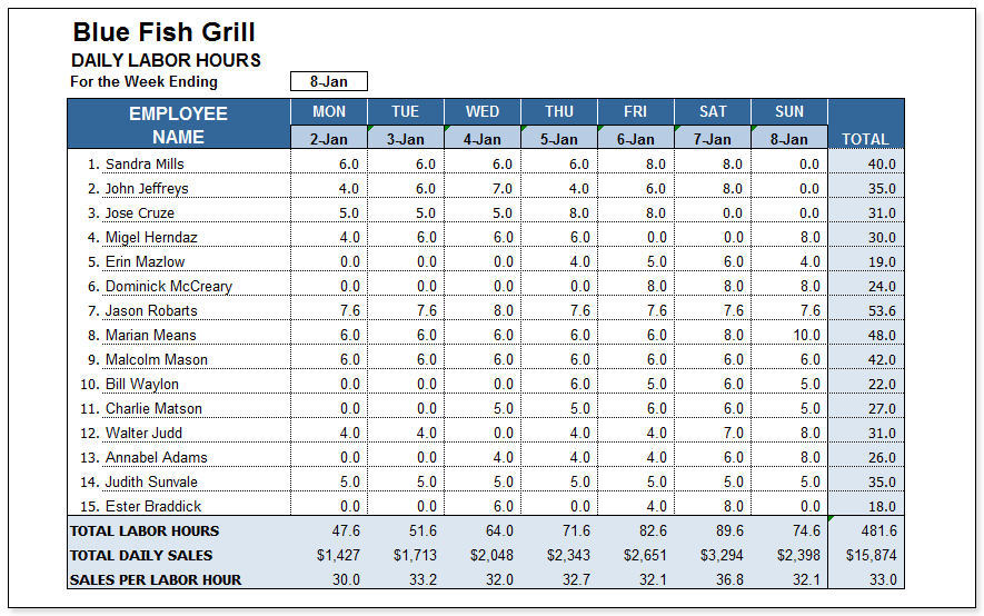 Daily Labor Hours Worksheet